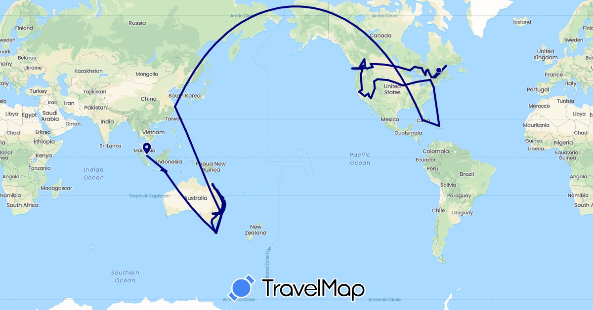 TravelMap itinerary: driving in Australia, Canada, China, Cuba, Dominican Republic, Indonesia, Singapore, United States (Asia, North America, Oceania)